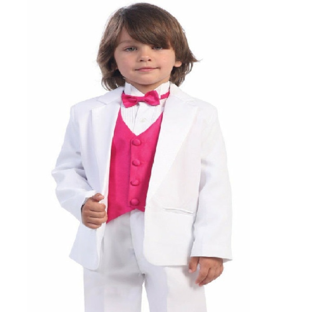 NWT Boys White 5pc Tuxedo Fuchsia Vest & Tie Ring Bearer Easter Sz 7 - Picture 3 of 4